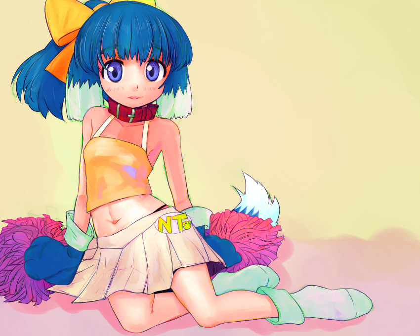1girl, animal_collar, animal_ears, animal_hands, aqua_socks, bare_shoulders, blue_hair, blue_tail