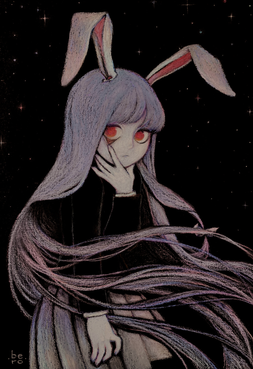 1girl, absurdres, akanbe, animal_ears, artist_name, black_background, blazer, closed_mouth, cowboy_shot, dark_background, highres, jacket, long_hair, long_sleeves, looking_at_viewer, oil_pastel, pink_skirt, pleated_skirt, purple_hair, rabbit_ears, rabbit_girl, red_eyes, reisen_udongein_inaba, signature, skirt, solo, svveetberry, tongue, tongue_out, touhou, traditional_media, very_long_hair
