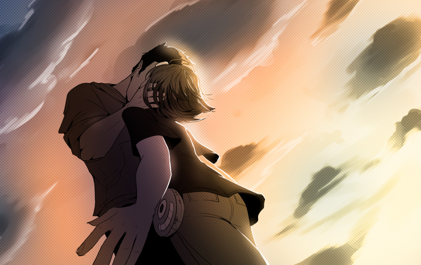 1boy, 1girl, black_hair, black_shirt, brown_hair, clouds, english_commentary, eva_wei, foreshortening, from_below, hetero, jordan_wilde, keydima, kiss, oban_star-racers, outdoors, pants, shirt, short_hair, twilight