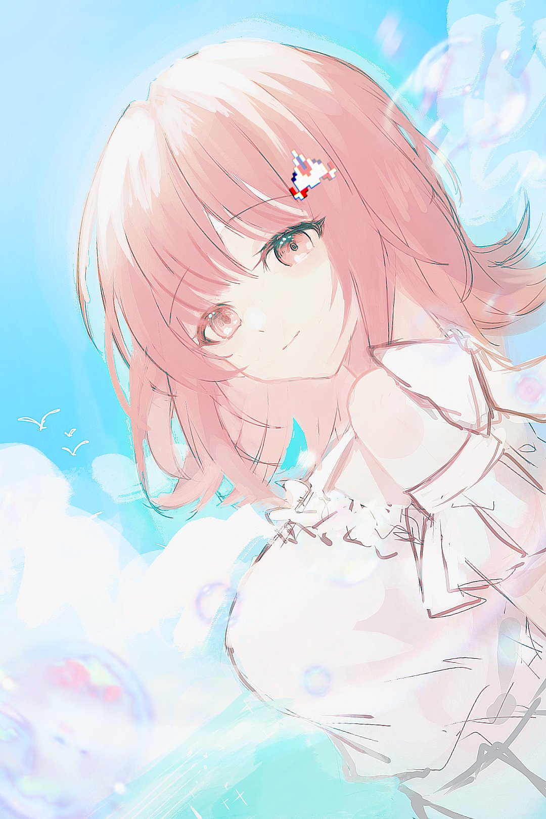 1girl, alternate_costume, bare_shoulders, breasts, brown_hair, closed_mouth, danganronpa_(series), danganronpa_2:_goodbye_despair, day, detached_sleeves, dress, galaga, hair_ornament, highres, huacha_(ktk7skr), large_breasts, looking_at_viewer, looking_to_the_side, medium_hair, nanami_chiaki, outdoors, puffy_sleeves, smile, solo, white_dress