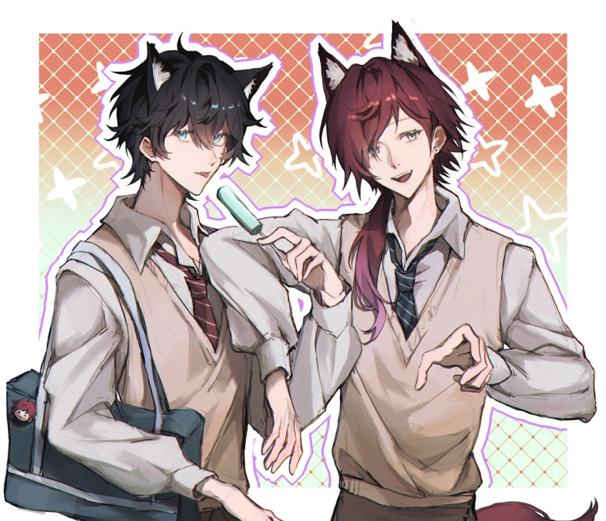 2boys, animal_ear_fluff, animal_ears, argyle, argyle_background, asymmetrical_bangs, axia_krone, bag