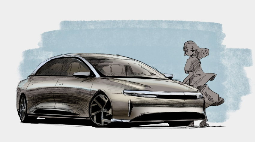 1girl, boots, car, expressionless, floating_hair, greyscale_with_colored_background, highres, hikageno, long_hair, looking_to_the_side, lucid_air, lucid_motors, motor_vehicle, original, shadow, shirt, sketch, skirt, vehicle_focus