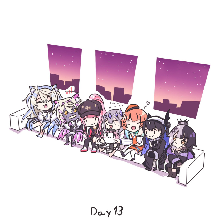 6+girls, :3, :d, ^_^, arm_support, baseball_cap, black_hair, black_headwear