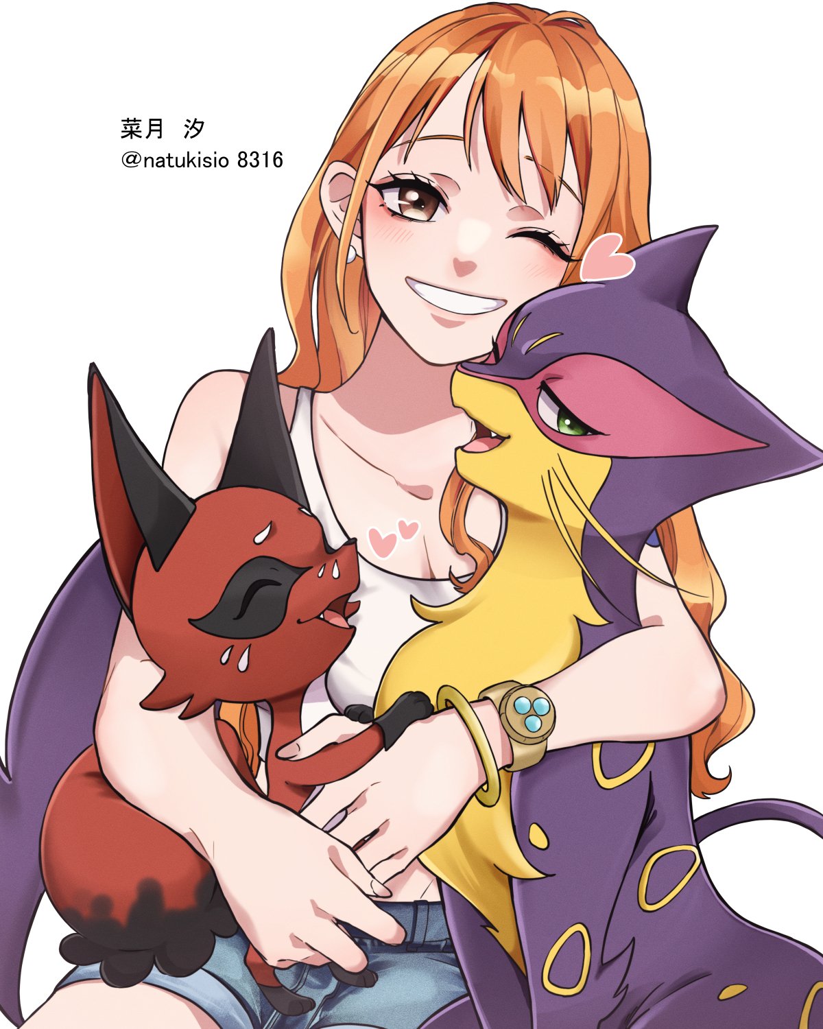 1girl, animal_hug, bangle, bare_shoulders, blue_shorts, bracelet, brown_eyes, collarbone