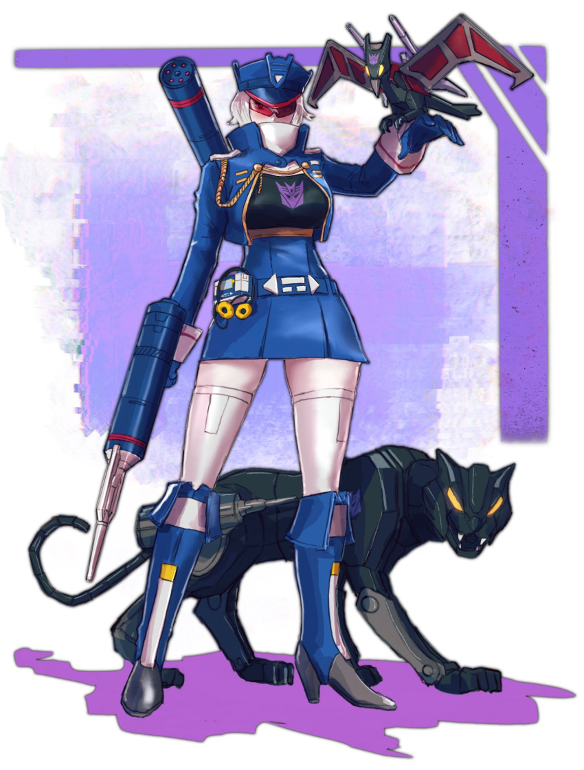 1girl, black_shirt, blue_footwear, blue_jacket, blue_skirt, boots, breasts, decepticon