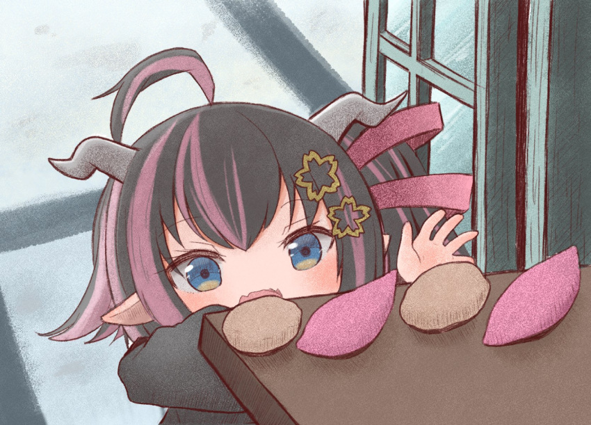 1girl, ahoge, black_hair, blue_eyes, blush, commentary_request, demon_girl, demon_horns