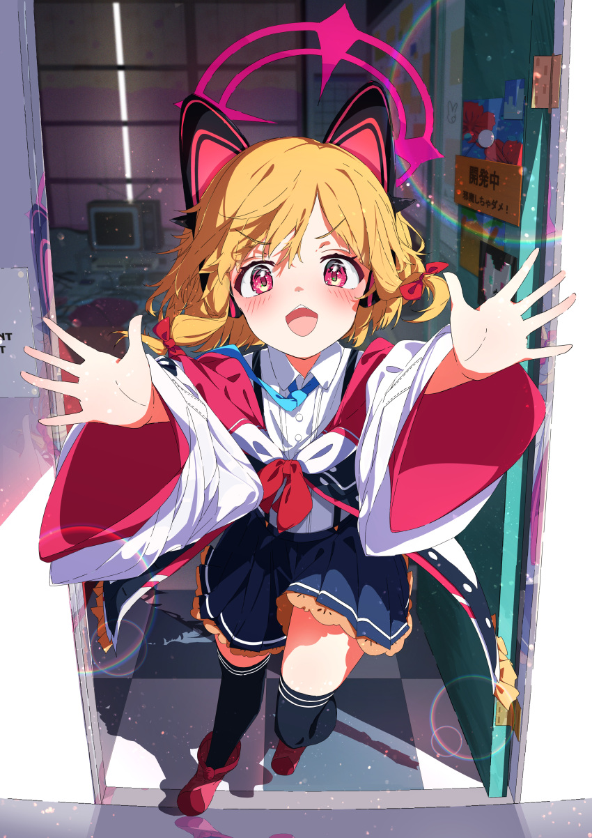 1girl, :3, absurdres, animal_ear_headphones, animal_ears, blonde_hair, blue_archive, blue_necktie, blue_thighhighs, blush, boots, bow, cat_ear_headphones, chair, checkered_floor, collared_shirt, computer, curtains, day, door, dress_shirt, fake_animal_ears, floor_tiles, frilled_skirt, frills, full_body, hair_between_eyes, hair_bow, halo, happy, head_tilt, headphones, highres, hug, indoors, jacket, light_particles, long_hair, looking_at_viewer, momoi_(blue_archive), monitor, necktie, off_shoulder, open_mouth, pink_bow, pink_eyes, pink_footwear, pleated_skirt, red_bow, school_uniform, shirt, sidelocks, skirt, smile, solo, spice_mega, suspender_skirt, suspenders, teeth, thigh-highs, upper_teeth_only, wall, white_shirt, wide_sleeves, window