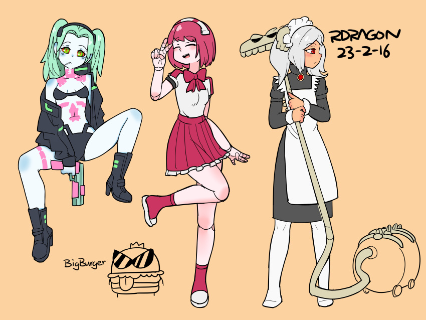 3girls, absurdres, android, artificial_eye, artist_name, black_bra, black_dress, bloody_marie_(skullgirls)