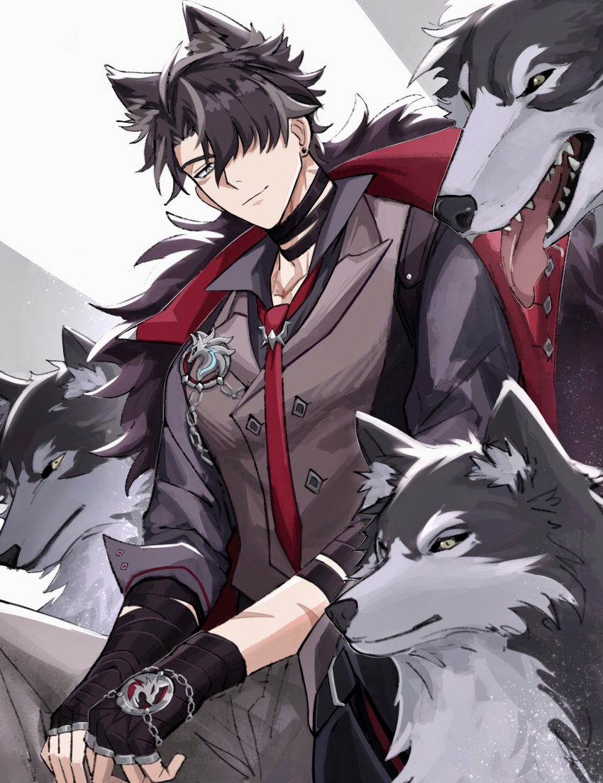 1boy, acupofbread, animal, animal_ears, black_gloves, black_hair, earrings, english_commentary