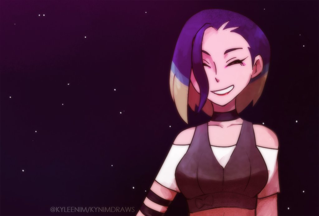 1girl, artist_name, bare_shoulders, black_choker, black_vest, blue_hair, bob_cut, breasts