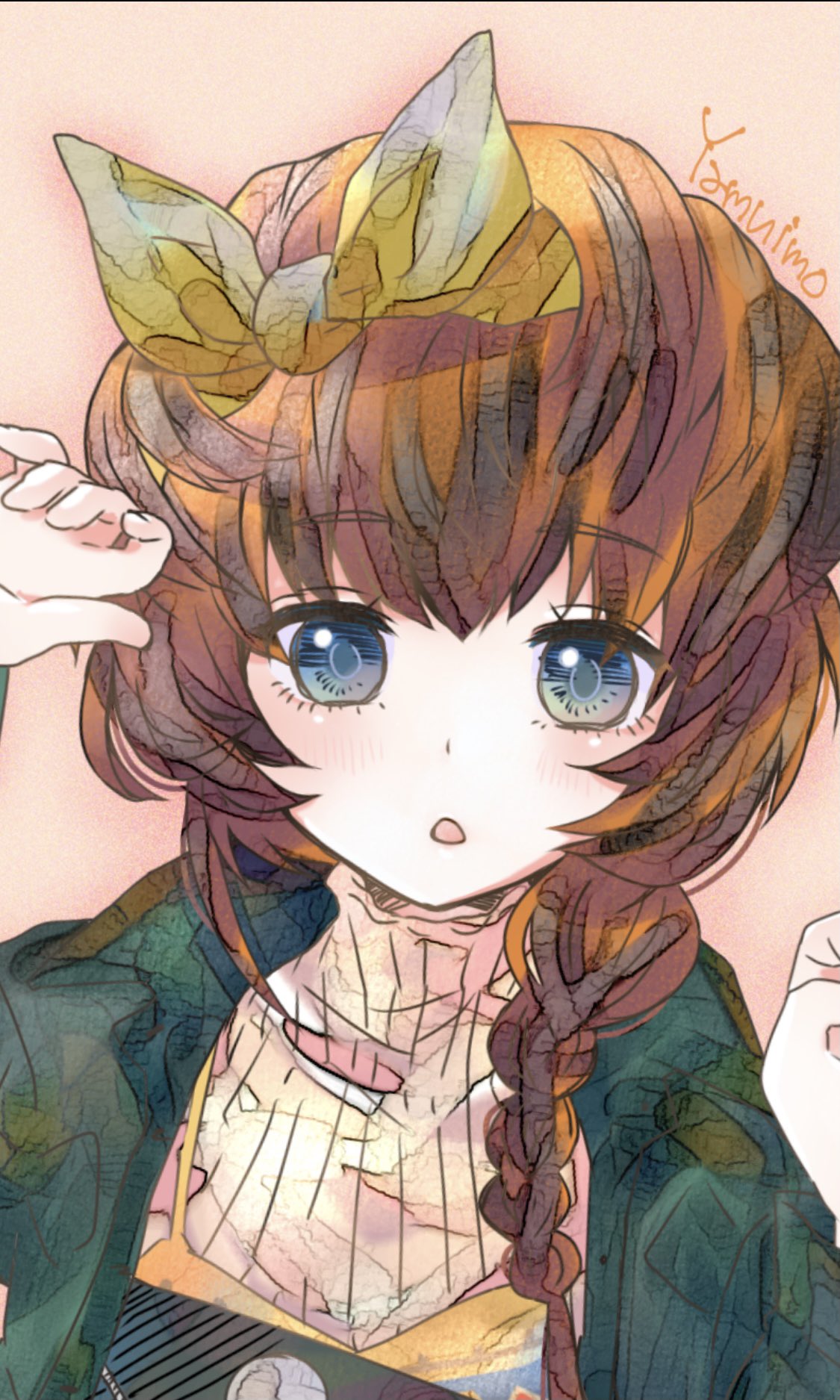 1girl, blue_eyes, blush, bow, braid, brown_hair, close-up, dress