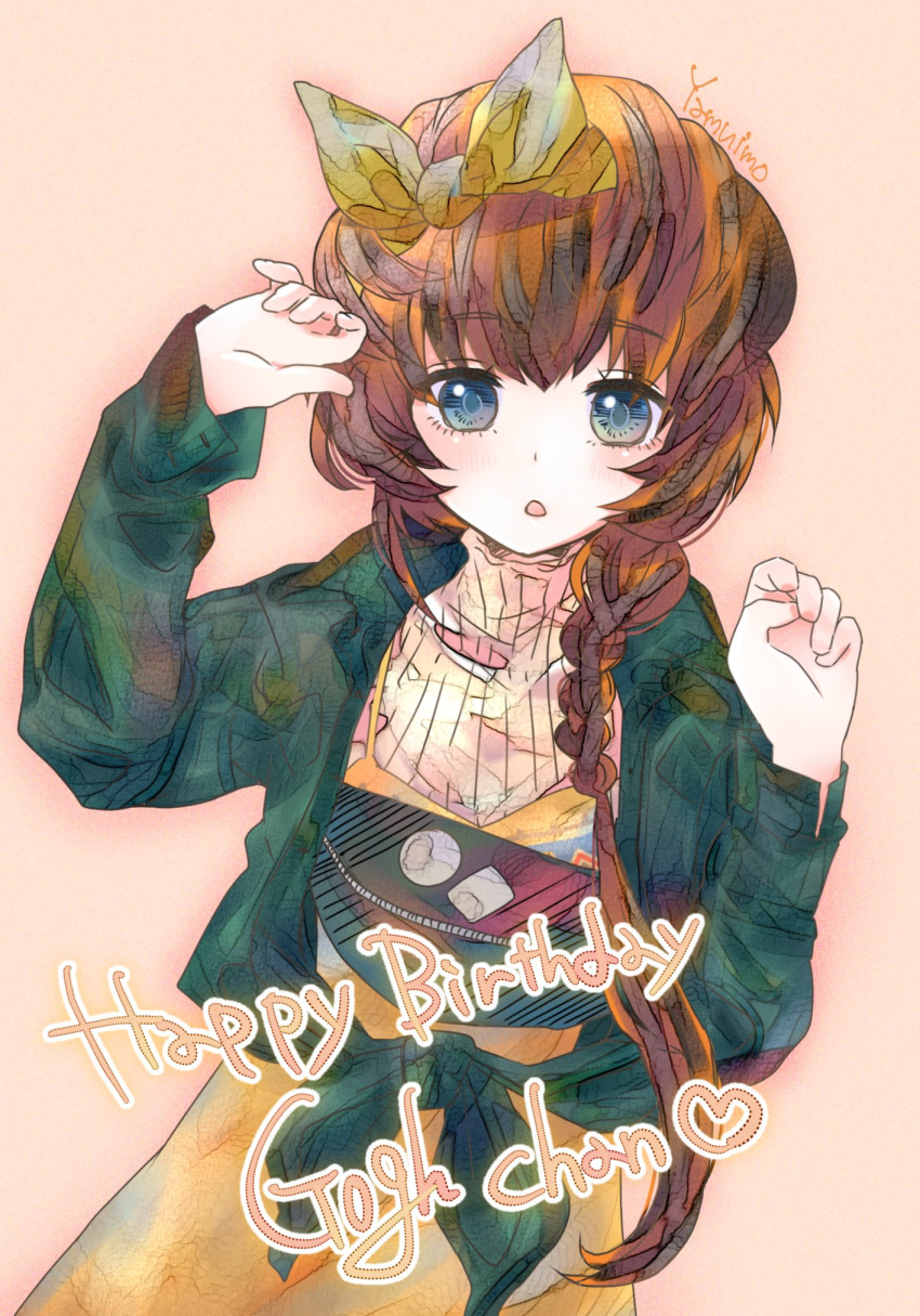 1girl, blue_eyes, blush, bow, braid, brown_hair, dress, fate/grand_order