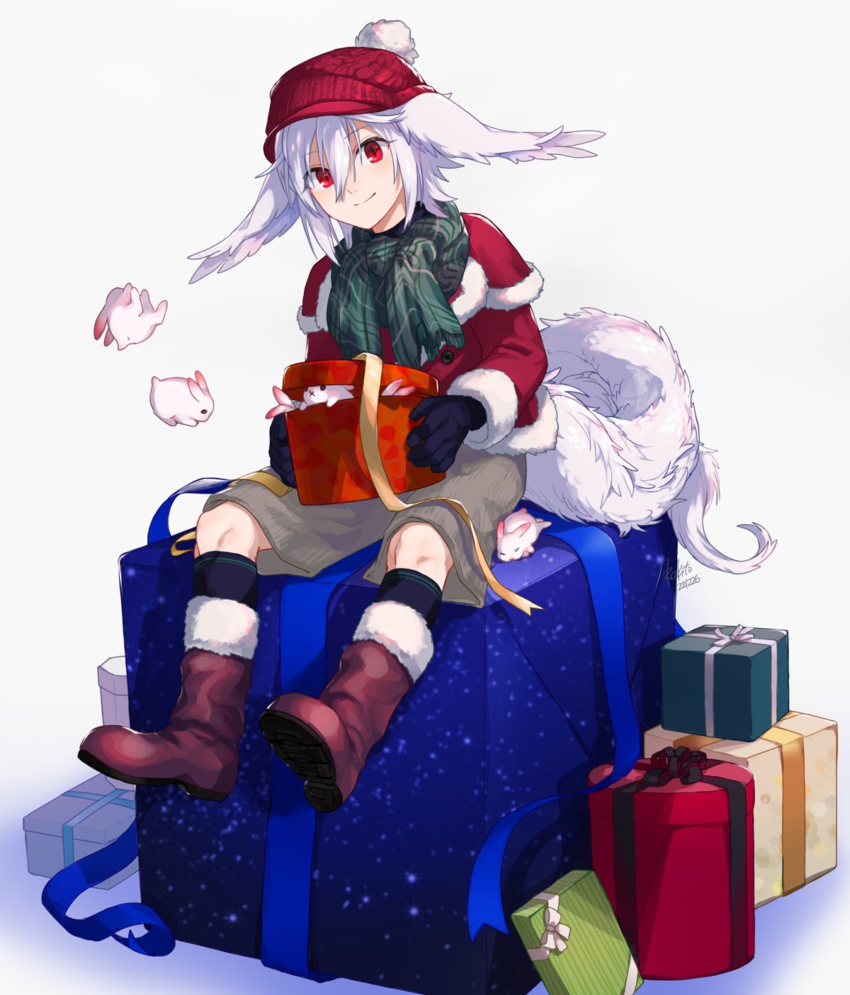 1boy, animal, animal_ears, artist_name, black_gloves, blue_ribbon, boots, box, brown_shorts, capelet, closed_mouth, coat, dated, full_body, fur-trimmed_capelet, fur-trimmed_footwear, fur-trimmed_sleeves, fur_trim, gift, gift_box, gloves, green_scarf, hair_between_eyes, head_tilt, highres, holding, holding_gift, kneehighs, knit_hat, long_sleeves, looking_at_viewer, male_focus, original, pom_pom_(clothes), rabbit, red_capelet, red_coat, red_eyes, ribbon, rokito, scarf, short_hair, shorts, simple_background, sitting, slit_pupils, smile, socks, solo, tail, white_background, white_hair