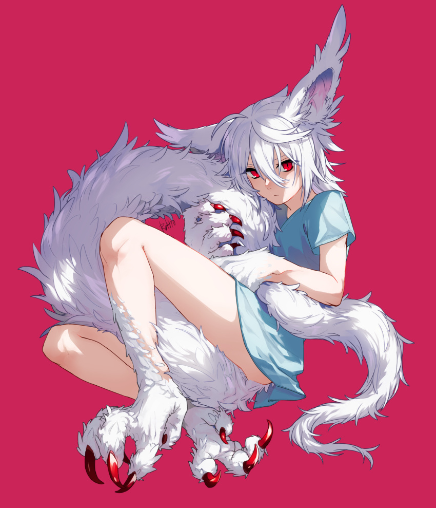 1boy, :<, androgynous, animal_ear_fluff, animal_ears, animal_feet, blue_shirt, bottomless