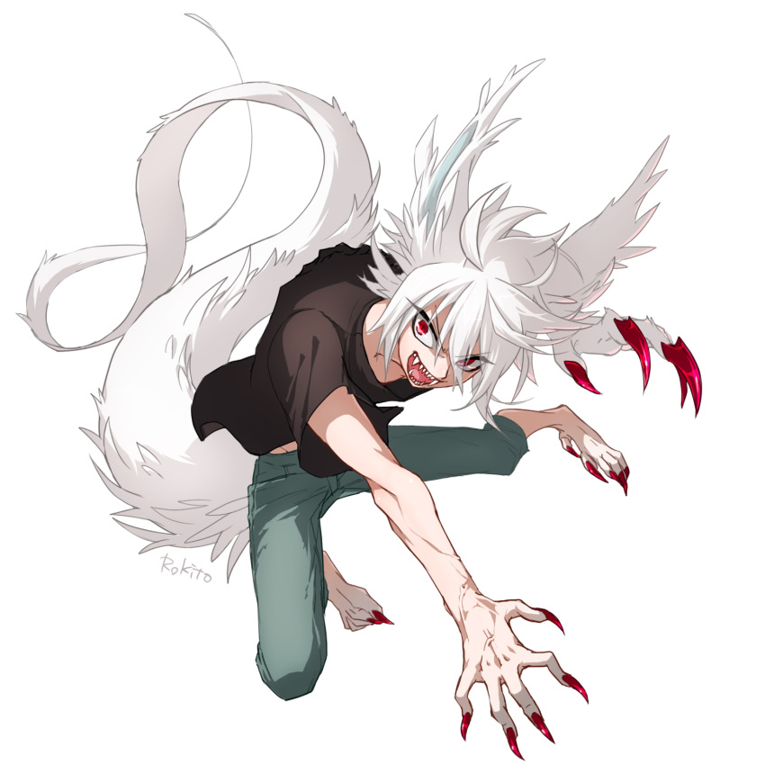 1boy, androgynous, animal_ears, animal_hands, artist_name, black_shirt, claws, full_body