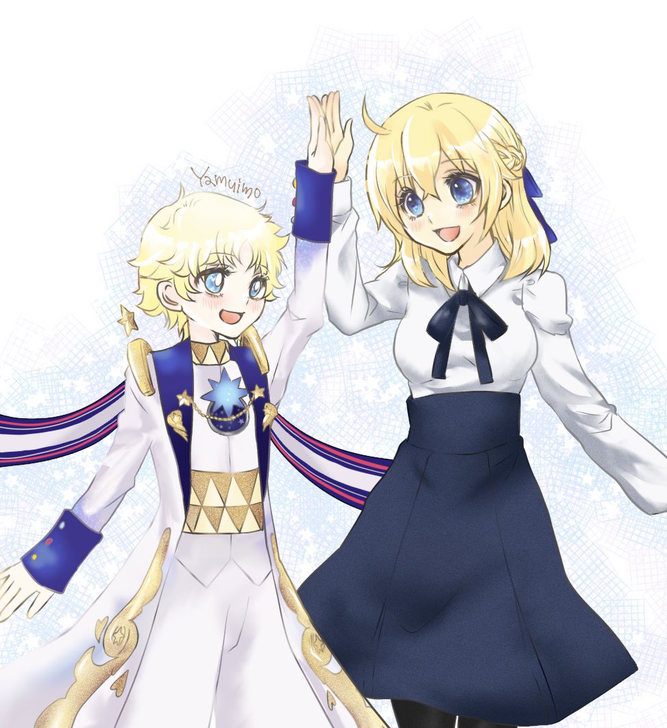 1boy, 1girl, alternate_hair_color, artoria_pendragon_(fate), black_pantyhose, blonde_hair, blue_eyes, blue_ribbon