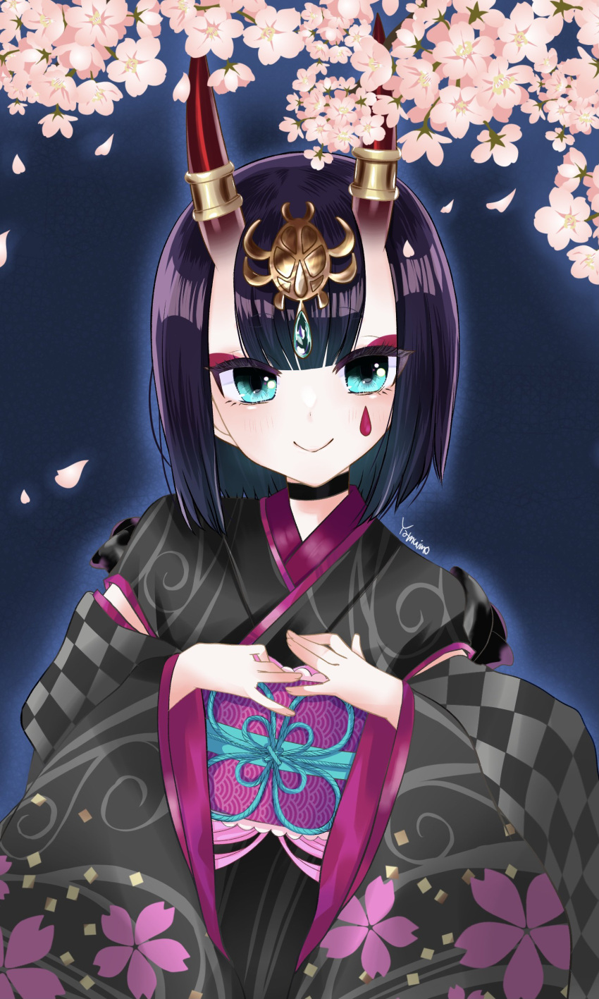 1girl, absurdres, aqua_eyes, black_choker, black_kimono, blush, bob_cut, cherry_blossoms