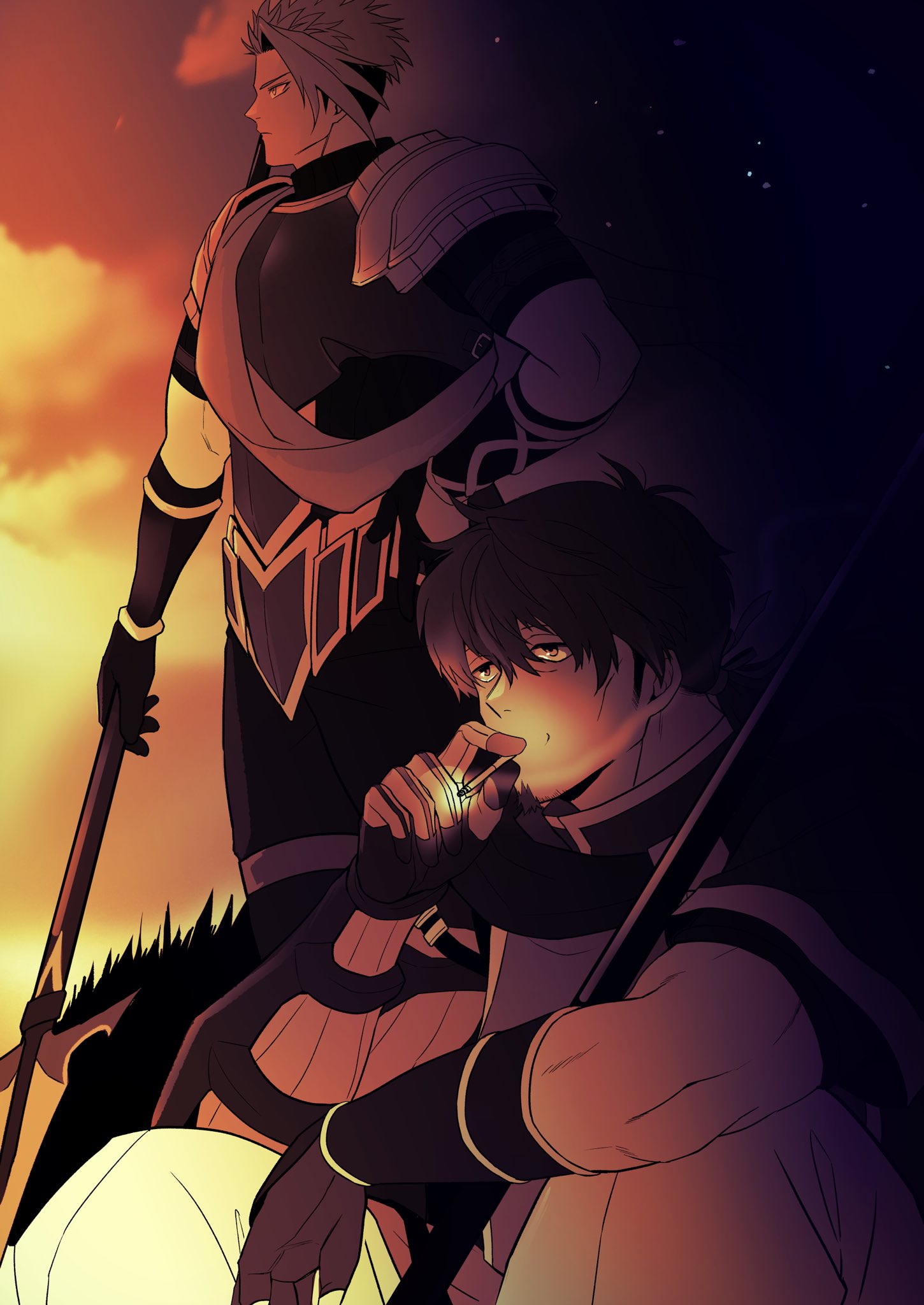 2boys, achilles_(fate), armor, black_gloves, cheekbones, cigarette, closed_mouth, facial_hair, fate/grand_order, fate_(series), fingerless_gloves, frown, gauntlets, gloves, goatee, hand_on_own_hip, haruto_(hit23ewluvnpfo6), hector_(fate), highres, holding, holding_cigarette, holding_polearm, holding_weapon, long_hair, monochrome, multiple_boys, muscular, muscular_male, night, outdoors, polearm, ponytail, sash, short_hair, sideburns, sitting, smoking, standing, star_(sky), thick_neck, tunic, undercut, weapon