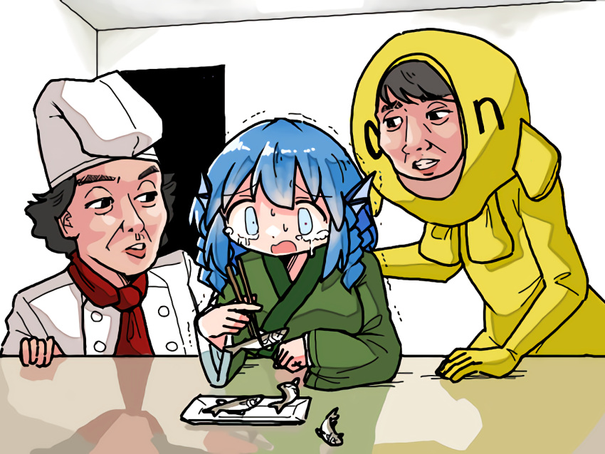 3girls, blank_room_soup, blue_eyes, blue_hair, character_request, chef_hat, chopsticks, commentary_request