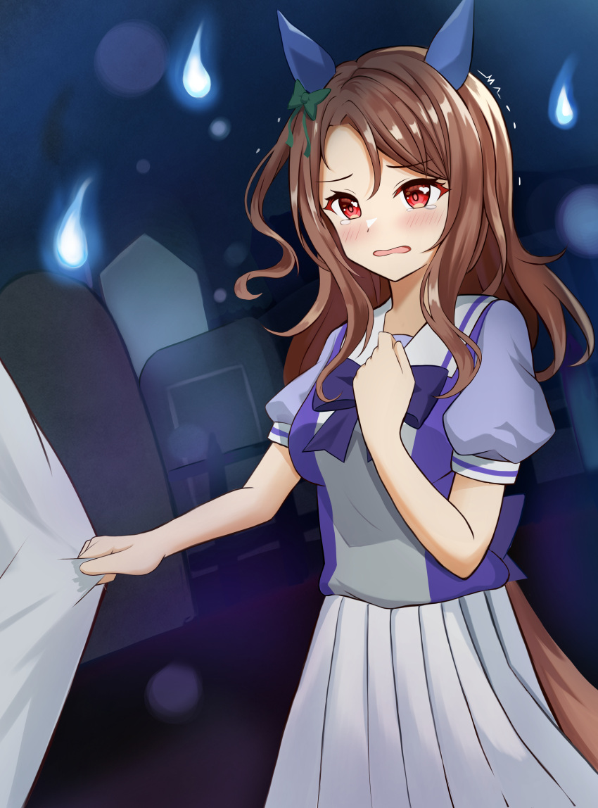 1girl, absurdres, animal_ears, blush, brown_hair, clothes_grab, ear_covers, ghost
