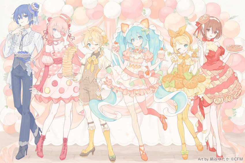 2boys, 4girls, ankle_strap, apple_earrings, apple_peel, apple_pie, argyle, argyle_cutout, arm_at_side, armband, artist_name, ascot, asymmetrical_legwear, balloon, banana, banana_slice, bare_arms, bare_legs, belly_chain, beret, blonde_hair, blue_brooch, blue_eyes, blue_gloves, blue_hair, blue_pants, blueberry_tart, bobby_socks, boots, bow, bowtie, braid, breasts, brooch, brown_armband, brown_dress, brown_eyes, brown_hair, brown_shorts, brown_vest, bubble_skirt, buttons, center_frills, chain, clothing_cutout, collarbone, collared_dress, contrapposto, corset, covering_one_eye, cross-laced_footwear, crypton_future_media, cupcake, dark_blue_hair, detached_sleeves, doily, double_bun, dress, dress_flower, earrings, feet_up, floor, flower_earrings, food, food-themed_clothes, food-themed_earrings, food-themed_hair_ornament, food-themed_hat, food-themed_hat_ornament, footwear_bow, fork, french_braid, frilled_dress, frilled_sleeves, frills, fruit, fruit_tart, full_body, gloves, green_bow, green_ribbon, hair_between_eyes, hair_bow, hair_bun, hair_ornament, hair_over_shoulder, hair_ribbon, hairclip, half_gloves, halter_dress, halterneck, hand_up, hat, hat_ornament, hatsune_miku, head_tilt, high_collar, high_heel_boots, high_heels, holding, holding_food, holding_fork, holding_plate, jewelry, juliet_sleeves, kagamine_len, kagamine_rin, kaito, kaito_(vocaloid), kinutani_yutaka, kneehighs, knees_together_feet_apart, lace-up_boots, layered_dress, legwear_garter, licking_lips, lineup, long_hair, long_sleeves, looking_at_viewer, macaron, medium_breasts, megurine_luka, meiko, meiko_(vocaloid), mismatched_legwear, multiple_boys, multiple_girls, neck_ribbon, necktie, official_art, one_eye_closed, orange_bow, orange_dress, orange_footwear, orange_hair_ornament, orange_headwear, orange_necktie, orange_socks, orange_thighhighs, pancake, pancake_stack, pants, pastel_colors, pie, pink_bow, pink_bowtie, pink_footwear, pink_hair, pink_sleeves, plaid, plaid_dress, plaid_shorts, plaid_vest, plate, polka_dot, polka_dot_dress, puffy_short_sleeves, puffy_sleeves, pumps, red_bow, red_dress, red_footwear, red_ribbon, ribbon, shoes, short_dress, short_hair, short_ponytail, short_sleeves, short_twintails, shorts, sidelocks, simple_background, single_glove, single_half_glove, skirt, smile, socks, standing, standing_on_one_leg, strapless, strapless_dress, strawberry_hair_ornament, striped, striped_bow, striped_dress, striped_thighhighs, swept_bangs, syrup, tareme, tart_(food), thigh-highs, tongue, tongue_out, triple_horizontal_stripe, twintails, two-tone_dress, vertical-striped_thighhighs, vertical_stripes, very_long_hair, vest, vocaloid, waist_bow, waist_cape, wavy_hair, whipped_cream, white_ascot, wooden_floor, yellow_background, yellow_dress, yellow_headwear, zettai_ryouiki