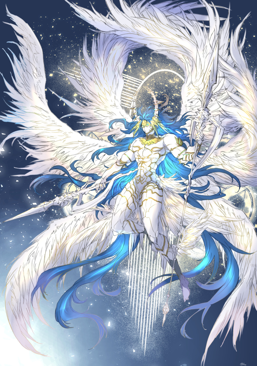 1boy, abs, angel, blue_hair, dual_wielding, full_body, granblue_fantasy, helmet
