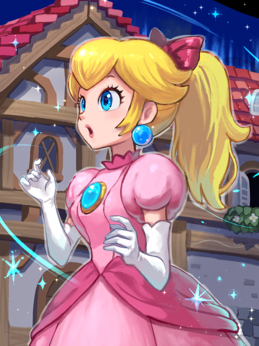 1girl, blonde_hair, blue_brooch, blue_eyes, bow, breasts, dress, earrings, elbow_gloves, gloves, hair_bow, highres, jewelry, long_hair, medium_breasts, open_mouth, pink_dress, ponytail, princess, princess_peach, puffy_short_sleeves, puffy_sleeves, short_sleeves, solo, sphere_earrings, super_mario_bros., untitled_princess_peach_game, white_gloves, ya_mari_6363