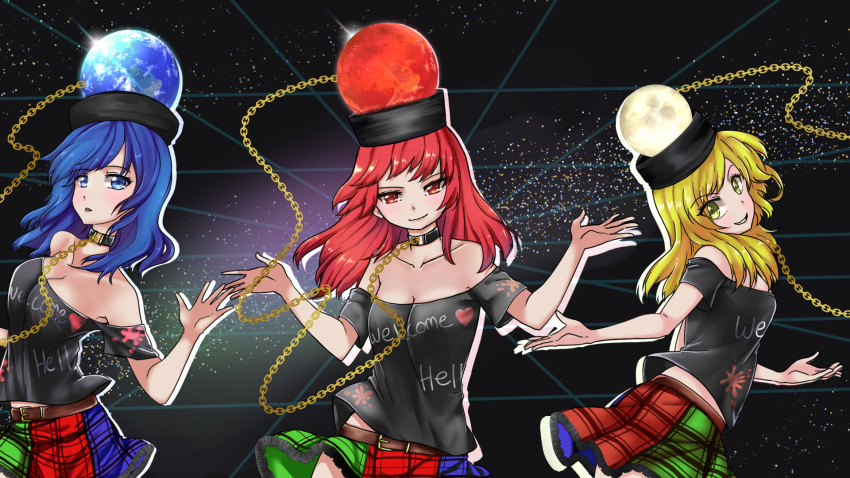 3girls, bare_shoulders, black_shirt, blonde_hair, blue_eyes, blue_hair, chain, clothes_writing