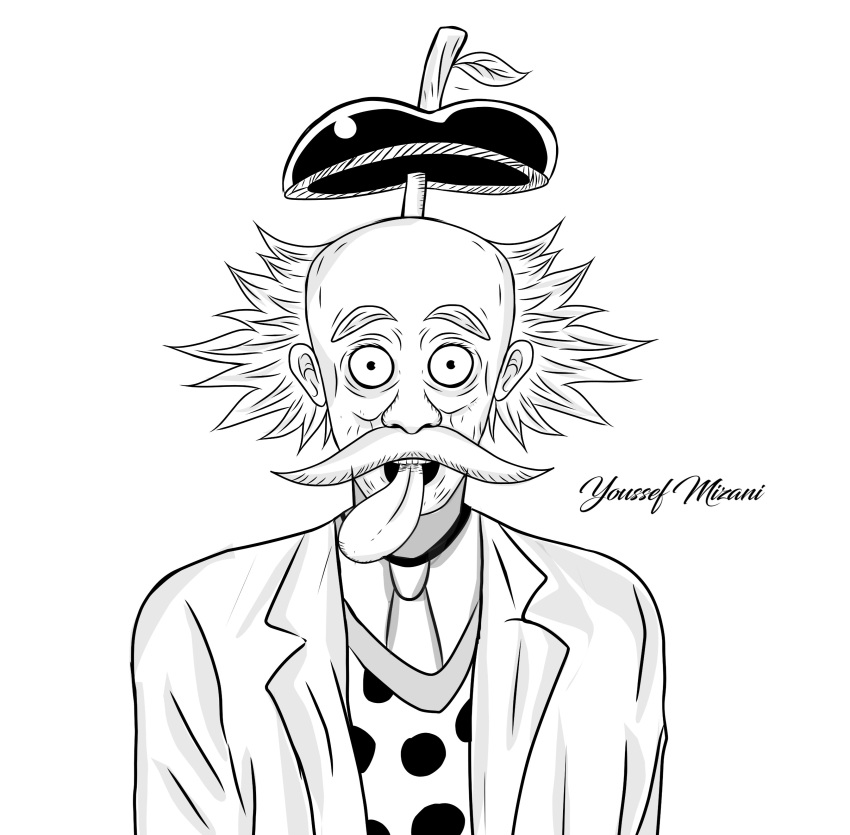 1boy, absurdres, albert_einstein, apple, artist_name, black_eyes, coat, crossover