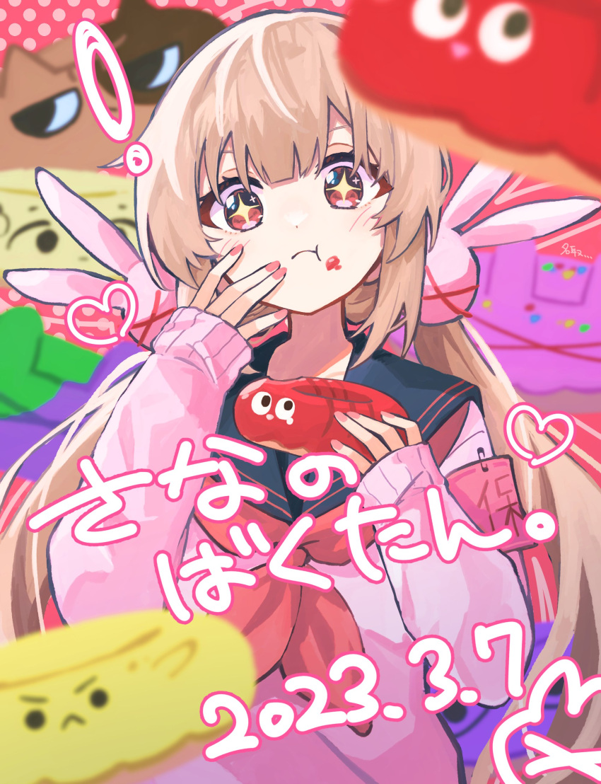 !, >_<, +_+, 1girl, absurdres, armband, black_sailor_collar, blonde_hair, closed_mouth, dated, doughnut, food, food_on_face, hair_ornament, hand_to_own_face, hands_up, highres, hino_(h1n0307), holding, holding_food, long_hair, long_sleeves, looking_at_viewer, low_twintails, nail_polish, natori_sana, neckerchief, pink_nails, pink_sweater, rabbit_hair_ornament, red_eyes, red_neckerchief, sailor_collar, sana_channel, solo, sparkling_eyes, sweater, twintails, upper_body, virtual_youtuber
