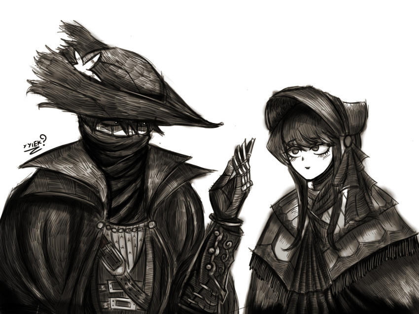 1boy, 1girl, black_hair, bloodborne, bonnet, cloak, cosplay, from_software