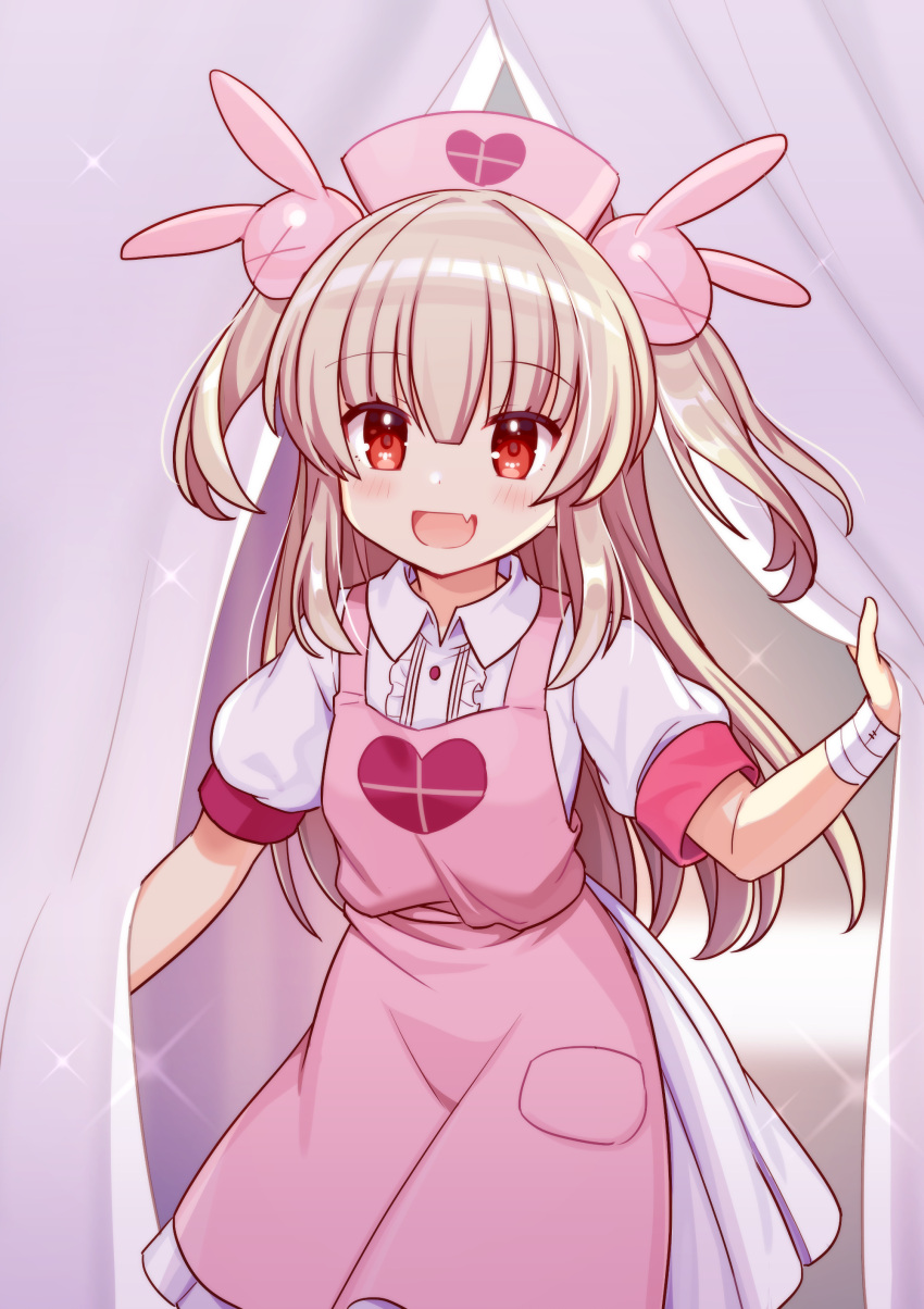 >_<, 1girl, :d, absurdres, apron, armband, bandaged_wrist, bandages