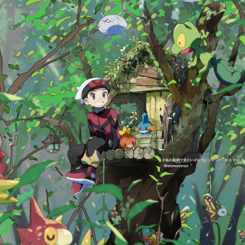 1boy, beanie, beautifly, berry_(pokemon), black_pants, blurry, brendan_(pokemon), brown_eyes