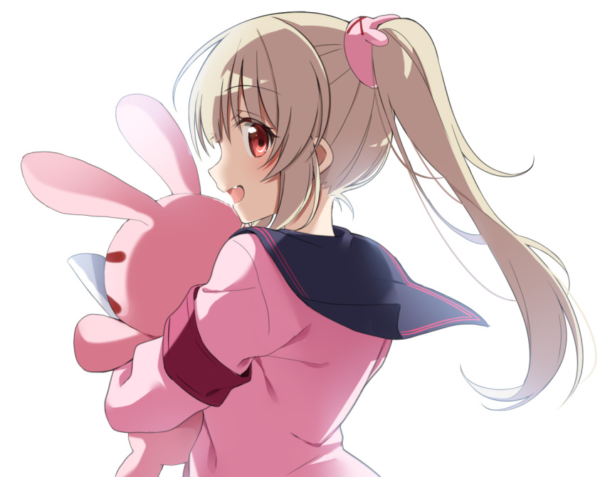 1girl, armband, black_sailor_collar, blush, commentary_request, fang, from_behind, hair_ornament