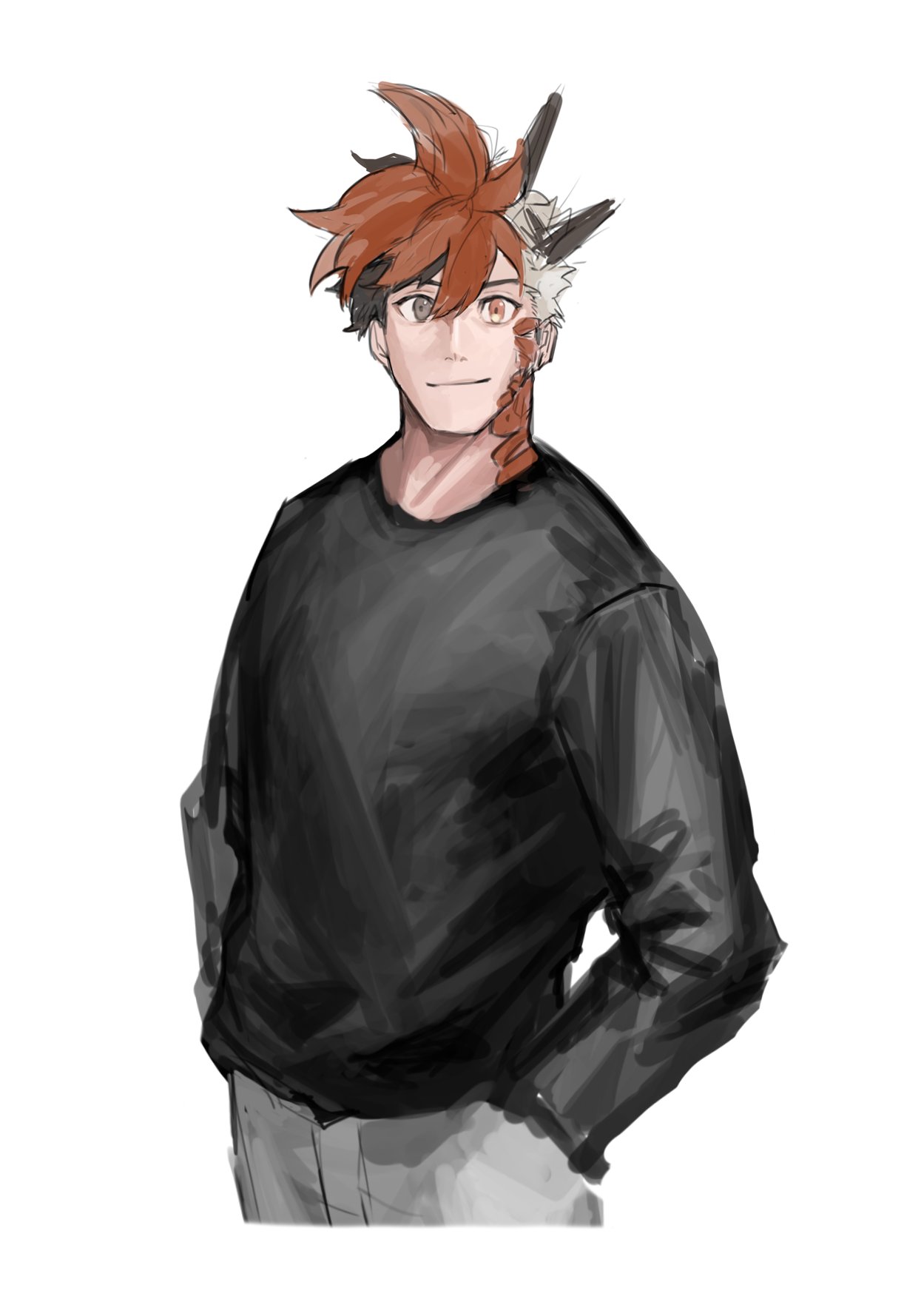 1boy, alternate_costume, another_eidos-r, baggy_clothes, black_hair, cropped_torso, dragon_boy, gaia_(another_eidos), hair_between_eyes, hands_in_pockets, heterochromia, highres, horns, looking_at_viewer, male_focus, neumo, red_scales, redhead, shirt, short_hair, smile, solo, t-shirt, thick_eyebrows