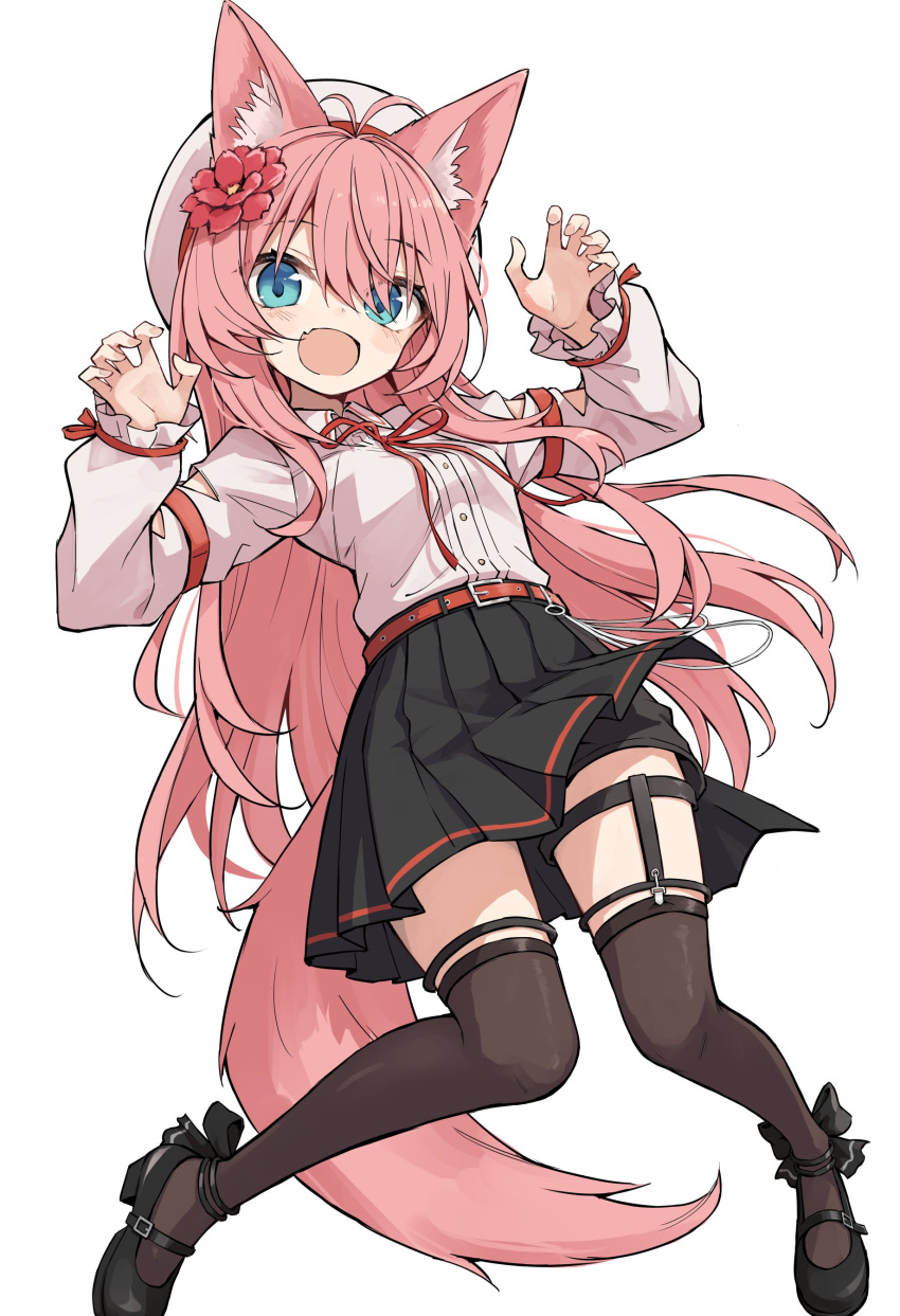 1girl, :d, absurdres, animal_ear_fluff, animal_ears, arm_cutout, belt, black_footwear