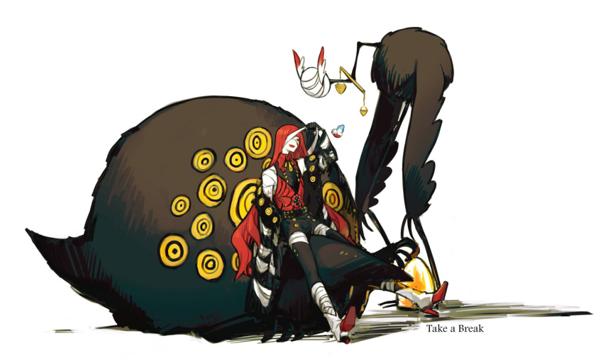 1girl, bandaged_arm, bandaged_leg, bandages, big_bird_(lobotomy_corporation), black_coat, black_pants, coat