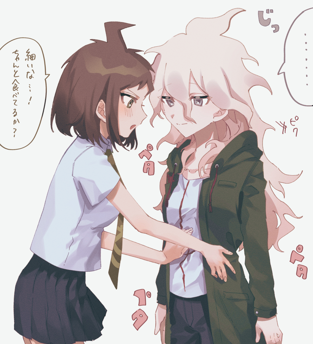..., 2girls, :o, ahoge, black_pants, black_skirt, blush, breasts, brown_hair, closed_mouth, collarbone, cowboy_shot, danganronpa_(series), danganronpa_2:_goodbye_despair, from_side, genderswap, genderswap_(mtf), green_jacket, grey_eyes, grey_hair, hair_between_eyes, hinata_hajime, hood, hood_down, hooded_jacket, jacket, komaeda_nagito, long_hair, medium_breasts, miniskirt, multiple_girls, oh_0409, open_clothes, open_jacket, pants, print_shirt, shirt, short_hair, skirt, small_breasts, speech_bubble, translation_request, white_shirt