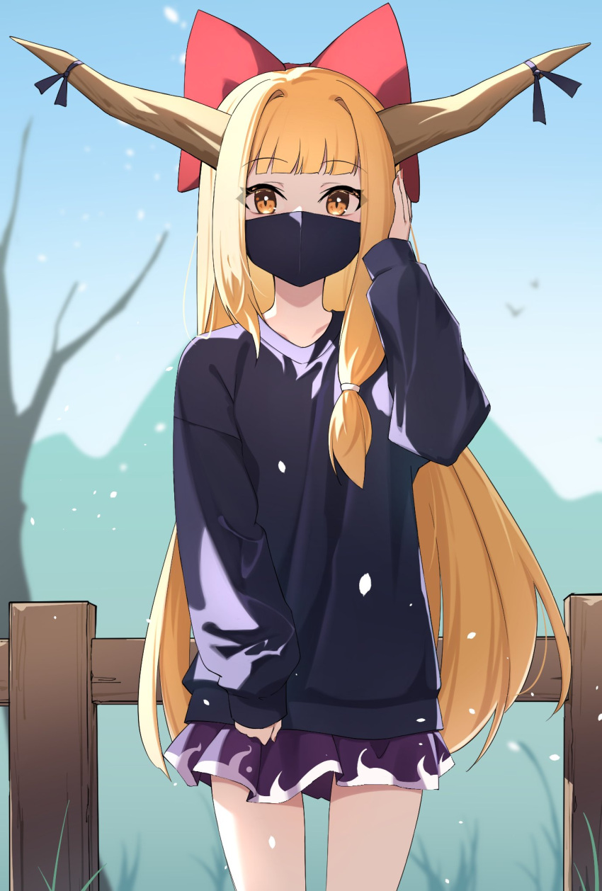1girl, black_shirt, bow, cowboy_shot, hair_bow, highres, horns, ibuki_suika