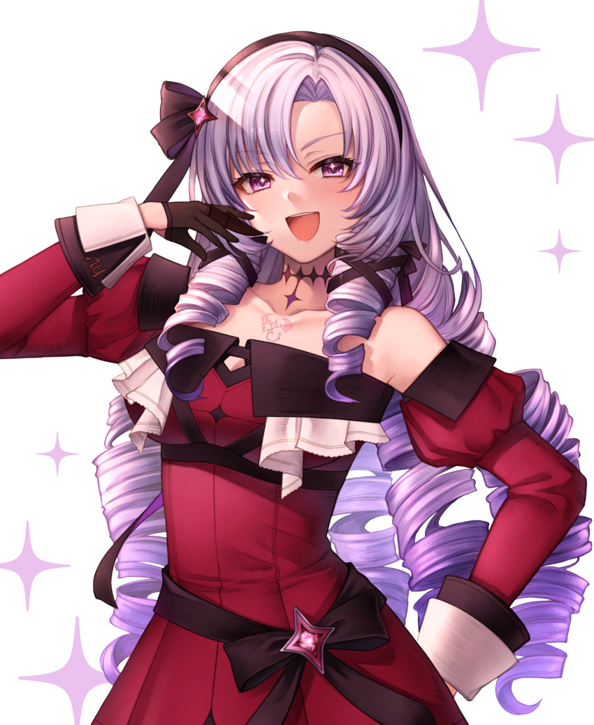 1girl, :d, annno_ans, bare_shoulders, black_bow, black_gloves, black_hairband, black_ribbon