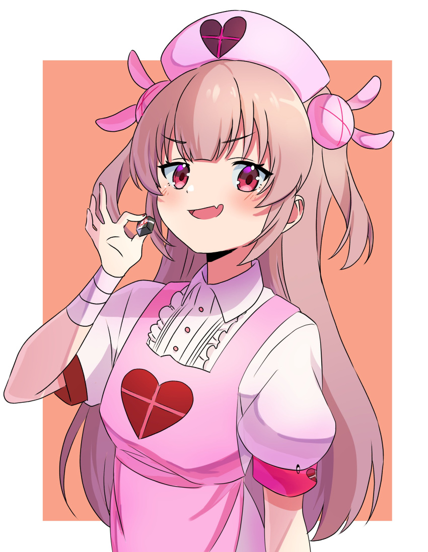 >_<, 1girl, :d, absurdres, apron, bandaged_wrist, bandages, bazz000033