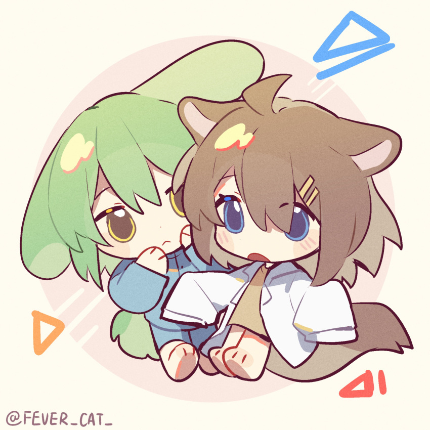 1boy, 1girl, ahoge, animal_ears, blue_eyes, blush, brown_hair, brown_shirt, chibi, closed_mouth, coat, fevercat, giovanni_(project_moon), green_hair, highres, hospital_gown, lobotomy_corporation, long_sleeves, medium_hair, michelle_(project_moon), project_moon, rabbit_ears, rabbit_tail, shirt, tail, white_coat, wing_collar, yellow_eyes
