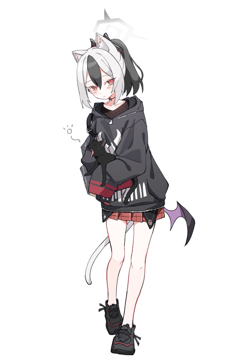 1girl, animal, animal_ears, bare_legs, black_cat, black_footwear, black_hoodie, black_horns, blue_archive, blush, cat, cat_ears, cat_tail, closed_mouth, commentary, demon_horns, full_body, hair_between_eyes, highres, holding, holding_animal, holding_cat, hood, hood_down, hoodie, horns, kayoko_(blue_archive), kemonomimi_mode, looking_at_viewer, low_wings, medium_hair, miniskirt, mole, multicolored_hair, ponytail, red_eyes, red_skirt, sentouryoku_5, simple_background, single_wing, skirt, sleeves_past_fingers, sleeves_past_wrists, solo, tail, two-tone_hair, white_background, white_tail, wings