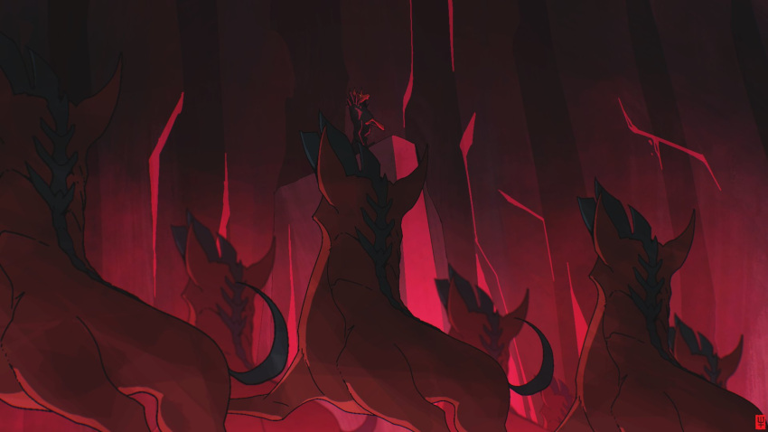 be_prepared_(song), cave, colored_skin, derivative_work, glowing, glowing_eyes, highres, league_of_legends, looking_up, naafiri, red_eyes, red_skin, scar_(the_lion_king), screencap_redraw, standing, the_lion_king, victor_li_(victorli_ran), walking