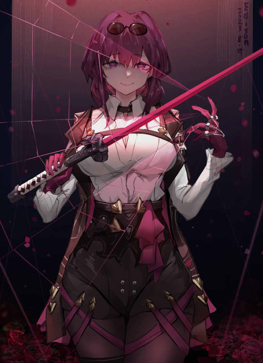 1girl, absurdres, arm_belt, belt, black_belt, black_shorts, breasts, chest_harness, closed_mouth, collared_shirt, cowboy_shot, edison_(mvpg8237), eyewear_on_head, gloves, hair_between_eyes, harness, high-waist_shorts, highres, holding, holding_sword, holding_weapon, honkai:_star_rail, honkai_(series), jewelry, kafka_(honkai:_star_rail), large_breasts, long_hair, long_sleeves, looking_at_viewer, multiple_rings, pantyhose, pantyhose_under_shorts, purple-tinted_eyewear, purple_gloves, purple_hair, purple_pantyhose, ring, round_eyewear, shirt, shorts, sidelocks, smile, solo, sword, tinted_eyewear, violet_eyes, weapon, white_shirt