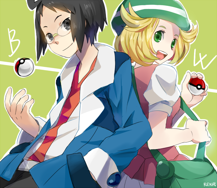 bel_(pokemon), bell_(pokemon), black_eyes, black_hair, blonde_hair, cheren_(pokemon), glasses, green_eyes