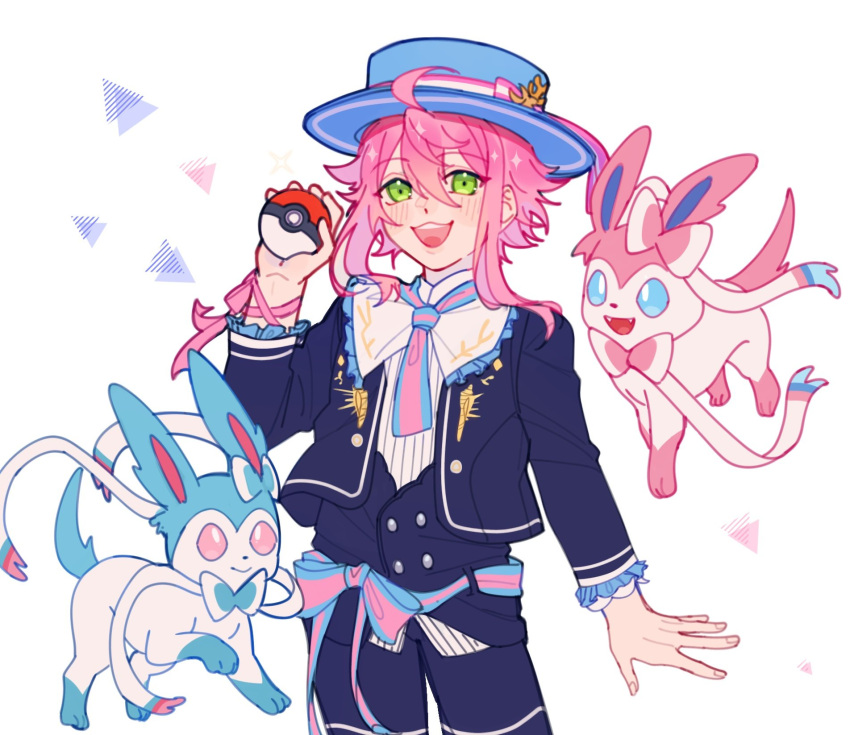 3boys, alternate_color, black_jacket, black_shorts, blue_headwear, blush, ensemble_stars!, green_eyes, highres, himemiya_tori, holding, holding_poke_ball, jacket, long_sleeves, multiple_boys, open_mouth, pink_hair, poke_ball, pokemon, pokemon_(creature), shiny_pokemon, shirokumun, shirt, shorts, smile, soukai_kagayaku_shinjitsu_no_atlantis_(ensemble_stars!), sylveon, white_shirt
