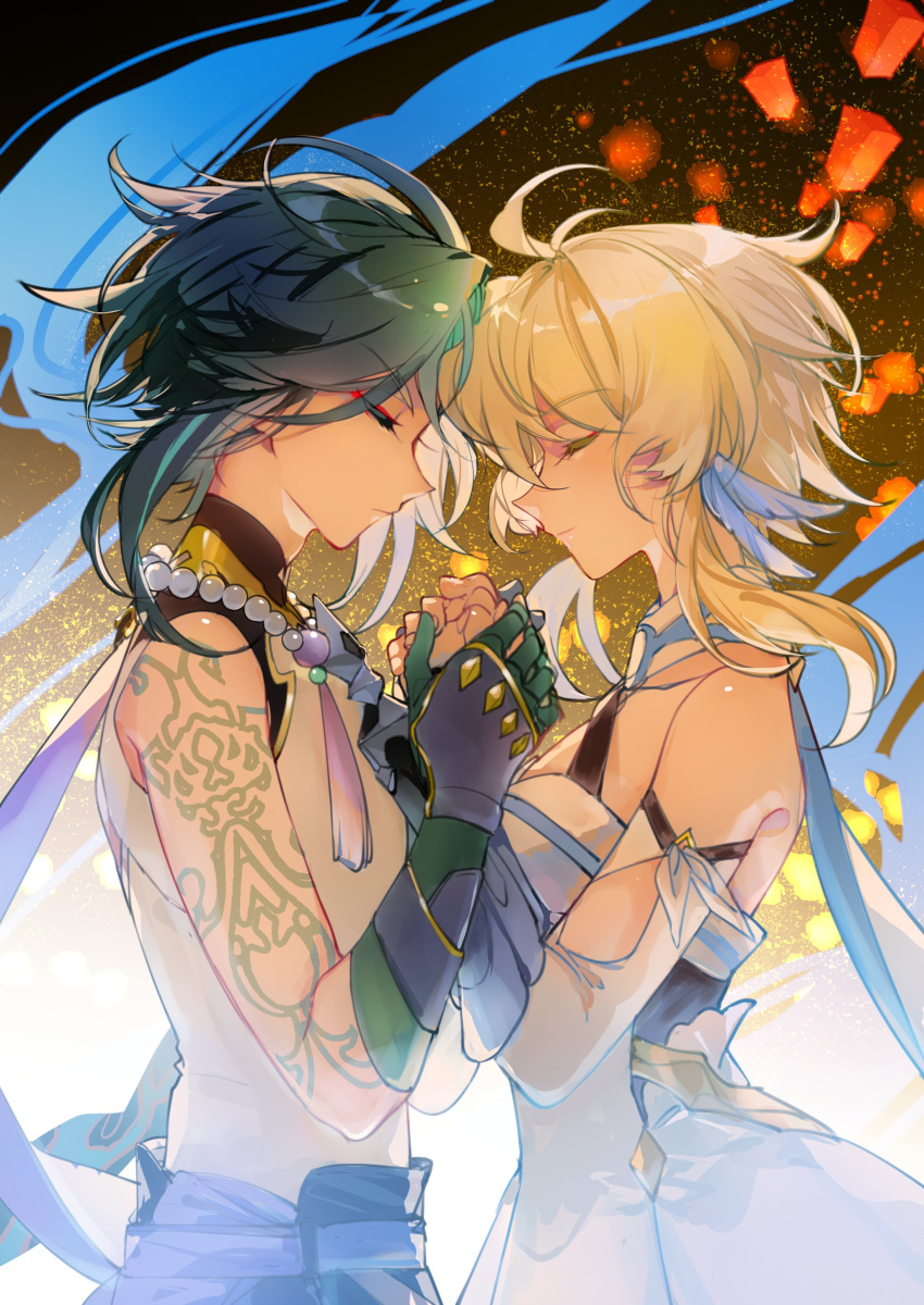 1boy, 1girl, absurdres, black_hair, blonde_hair, closed_eyes, closed_mouth, colored_eyelashes