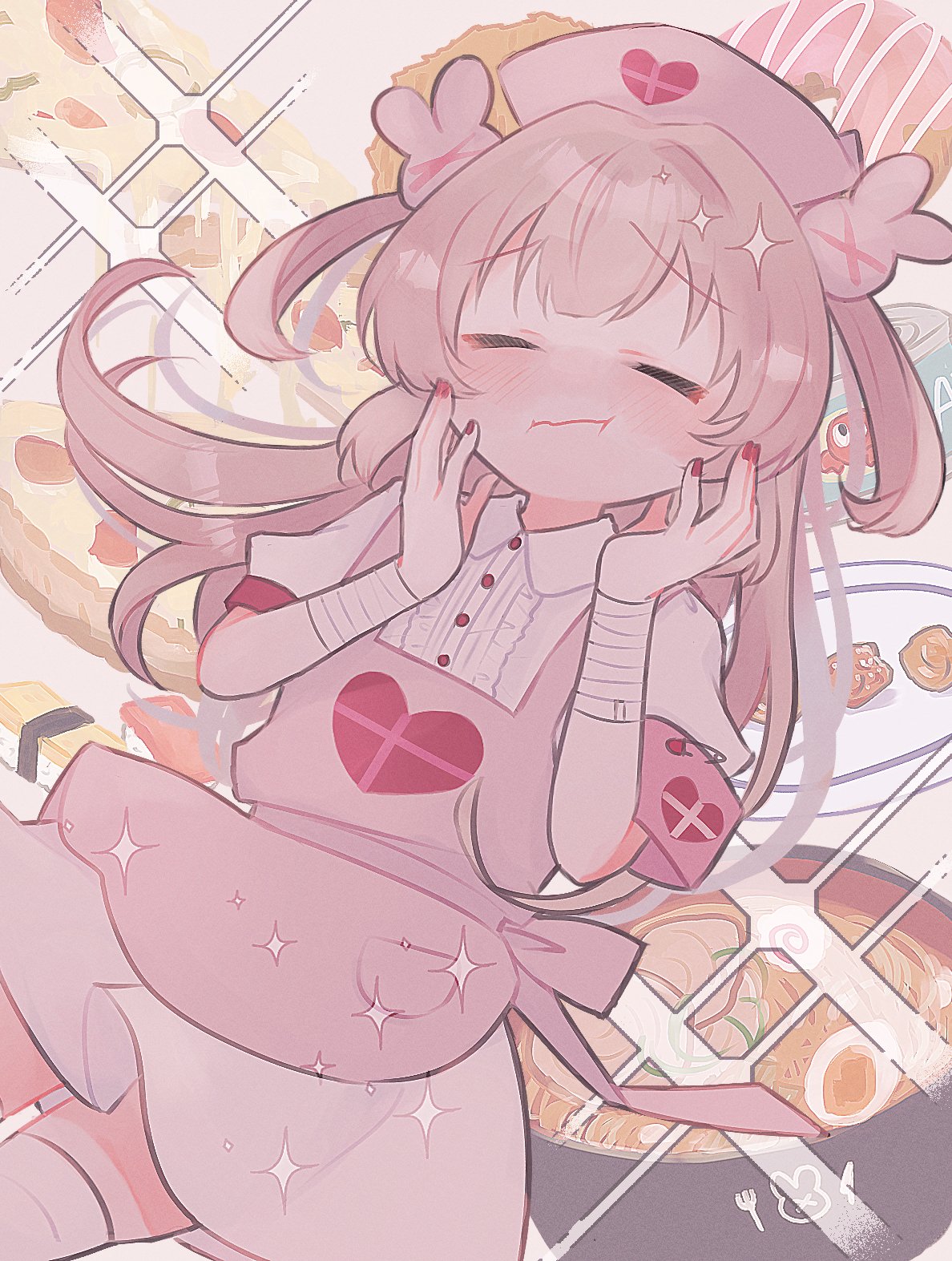 >_<, 1girl, apron, bandaged_arm, bandaged_wrist, bandages, blonde_hair, blush
