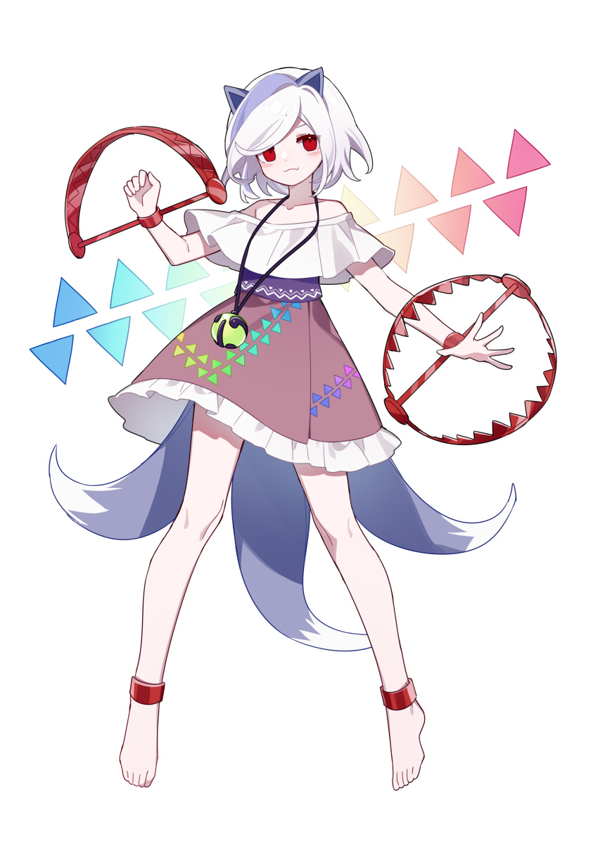 1girl, :3, absurdres, animal_ears, ankle_cuffs, bare_shoulders, barefoot, bell